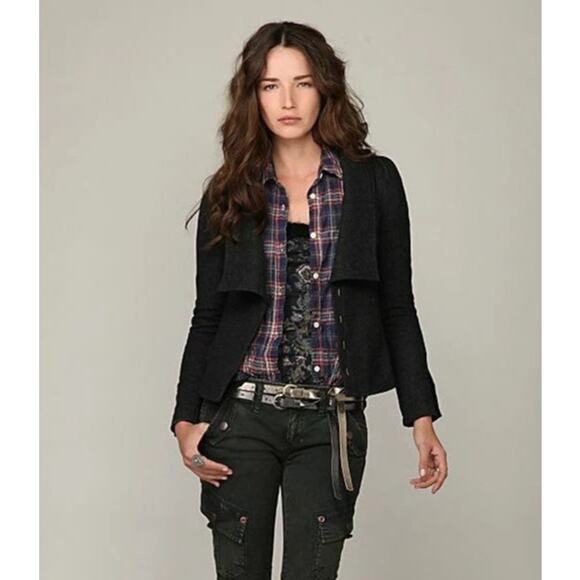Free People Charcoal Gray Herringbone Gathered Puff Shoulder Wool Blend Jacket - Picture 1 of 16